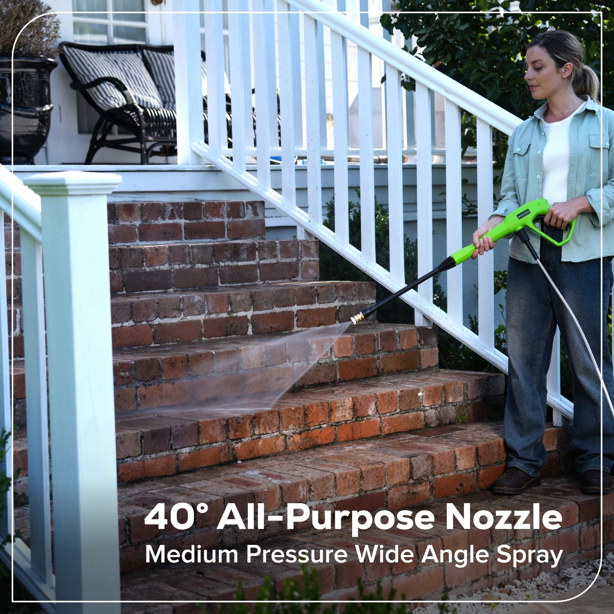 Greenworks 1.2 GPM flow boosts efficient cleaning of sidewalks