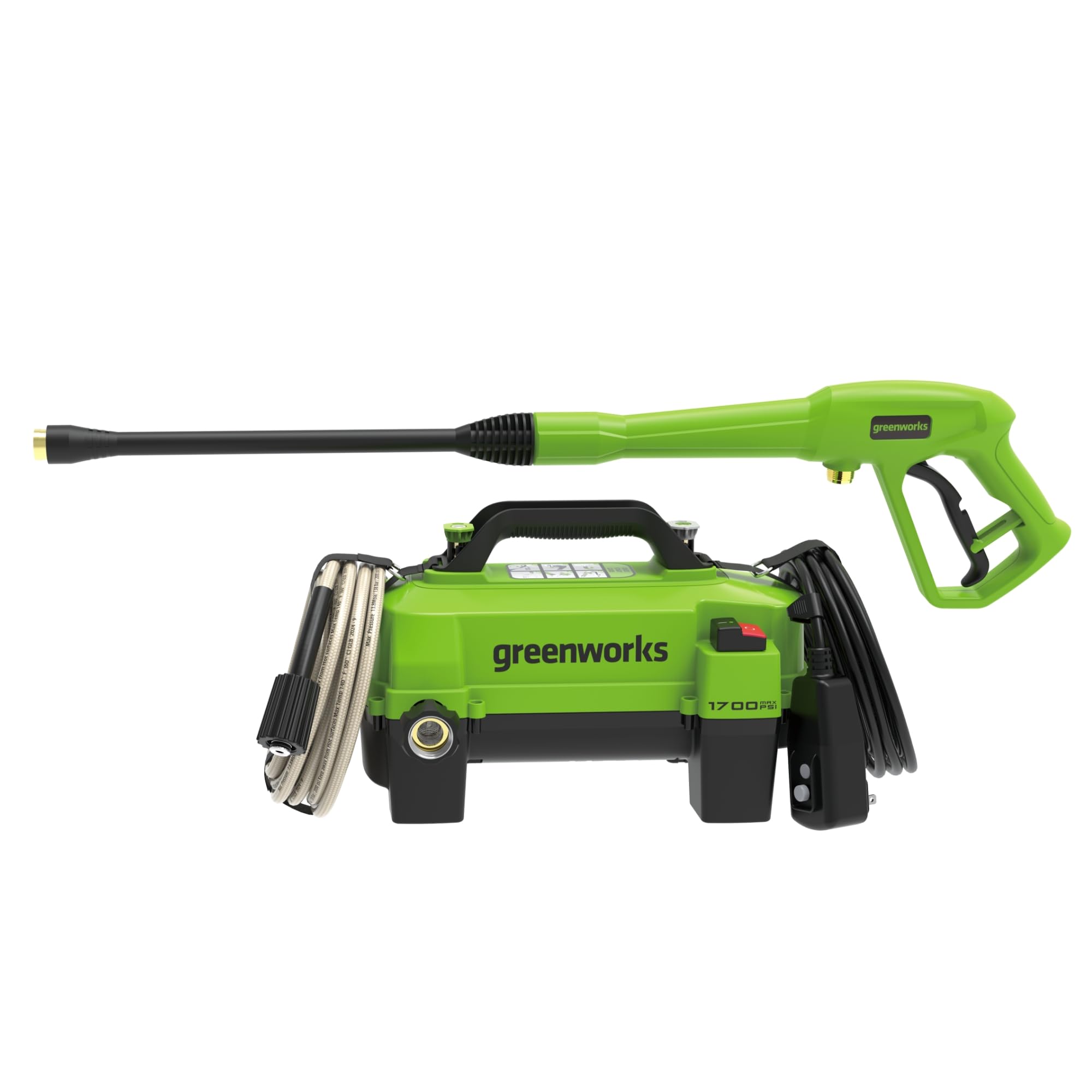 Greenworks 1700 PSI pressure washer front view highlighting compact storage