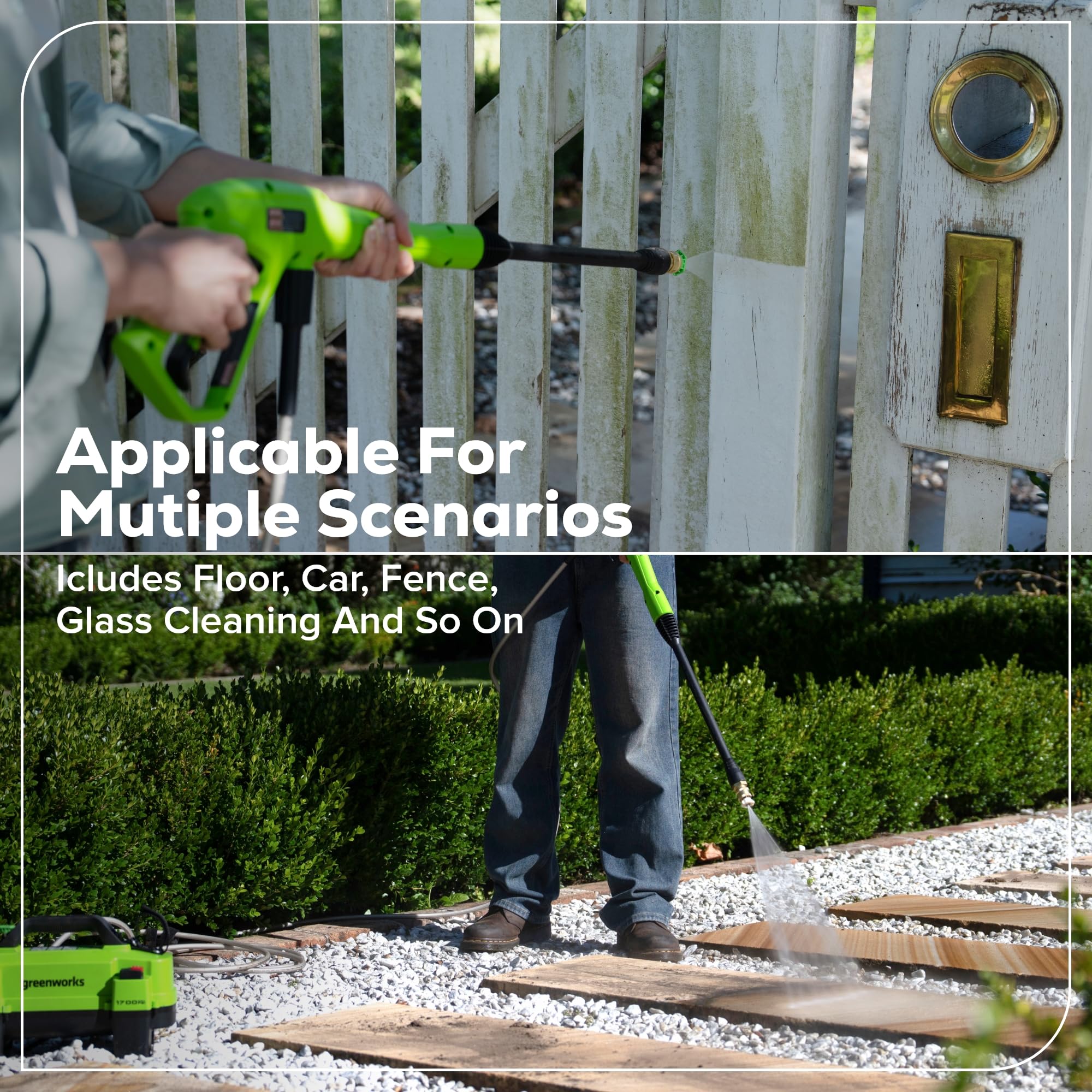 Greenworks pressure washer clearing pollen and grime from outdoor furniture