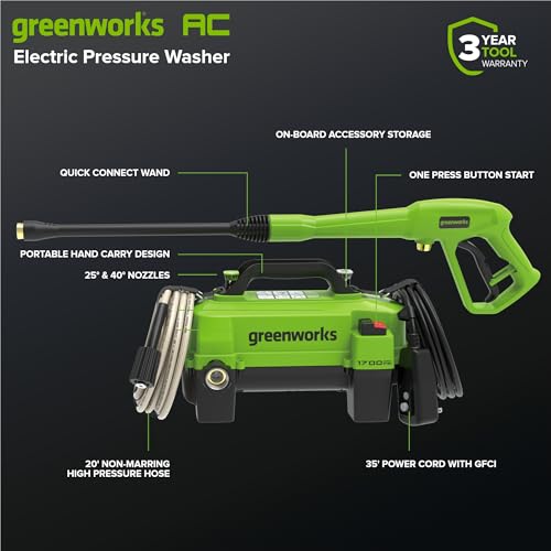 Greenworks electric pressure washer spray gun in action for quick cleaning