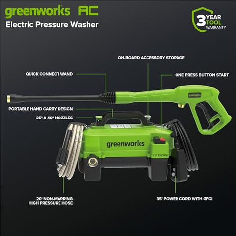 Greenworks electric pressure washer spray gun in action for quick cleaning