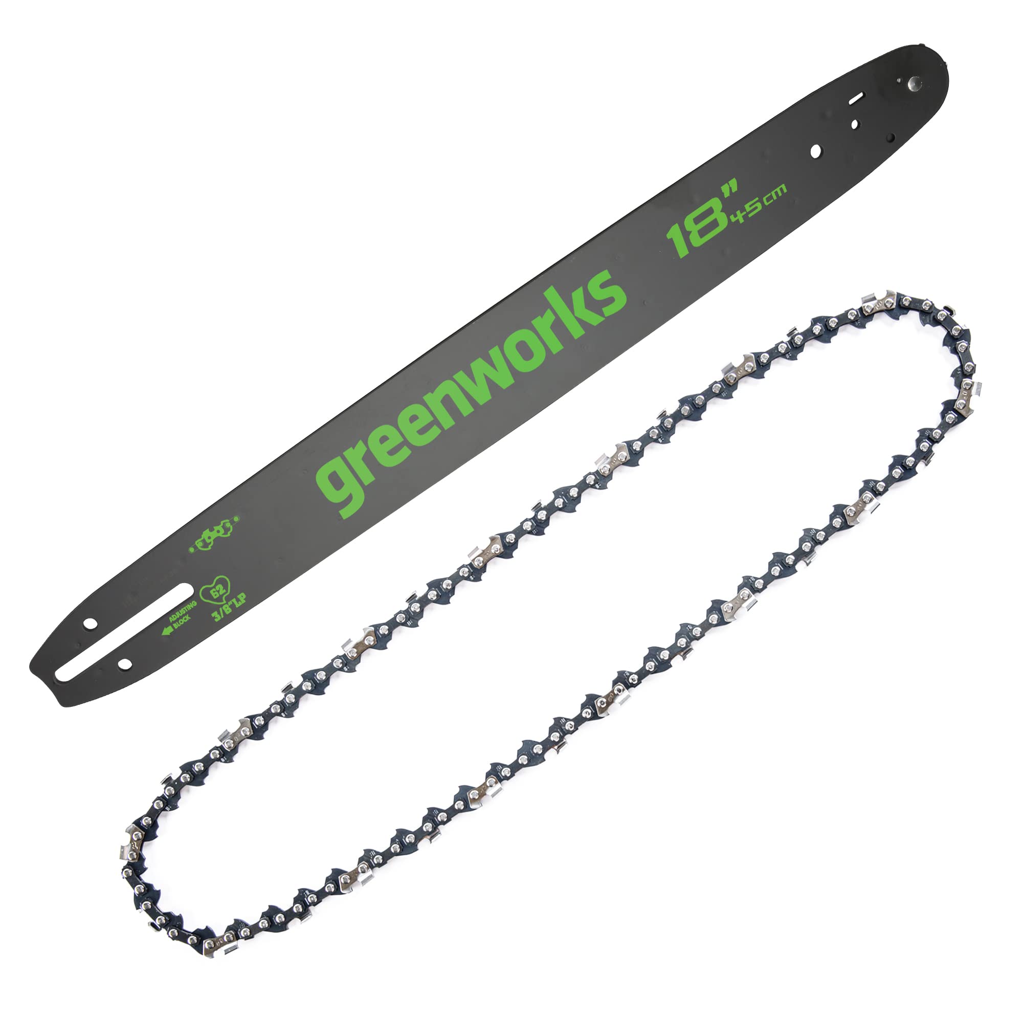 Greenworks 18-inch bar and chain on a chainsaw for smooth, efficient cutting.