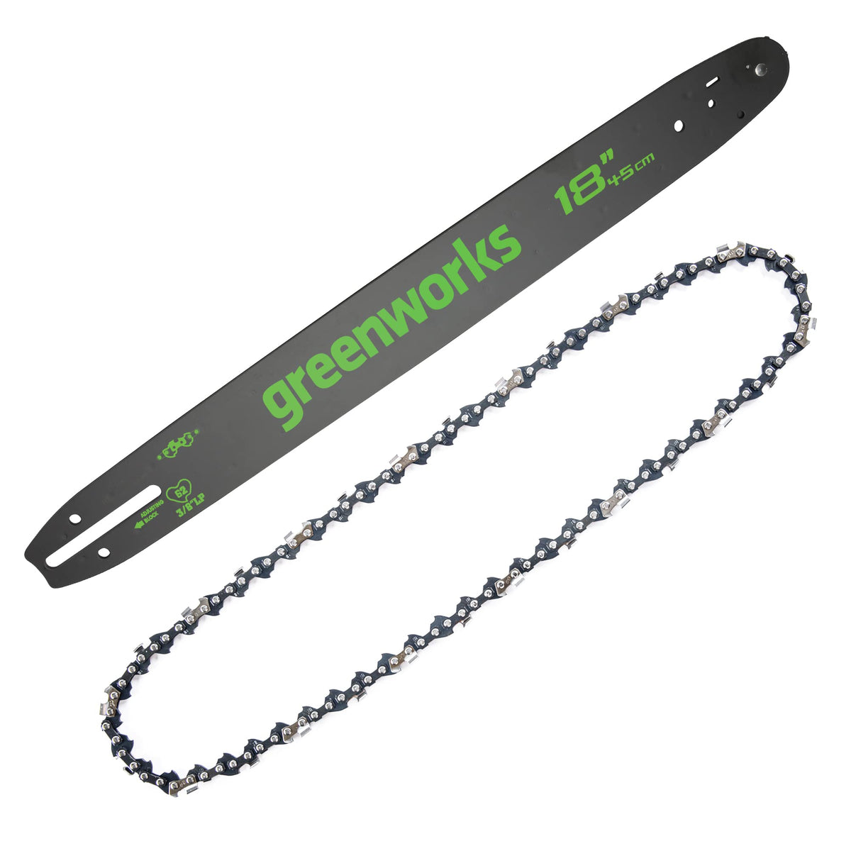 Greenworks 18-inch bar and chain on a chainsaw for smooth, efficient cutting.