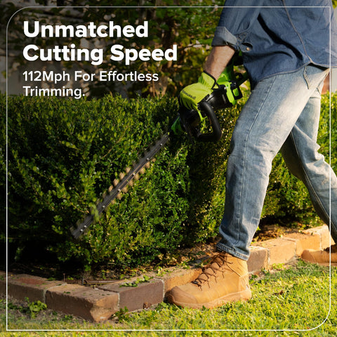 Greenworks 180-degree rotating rear grip enabling flexible trimming angles