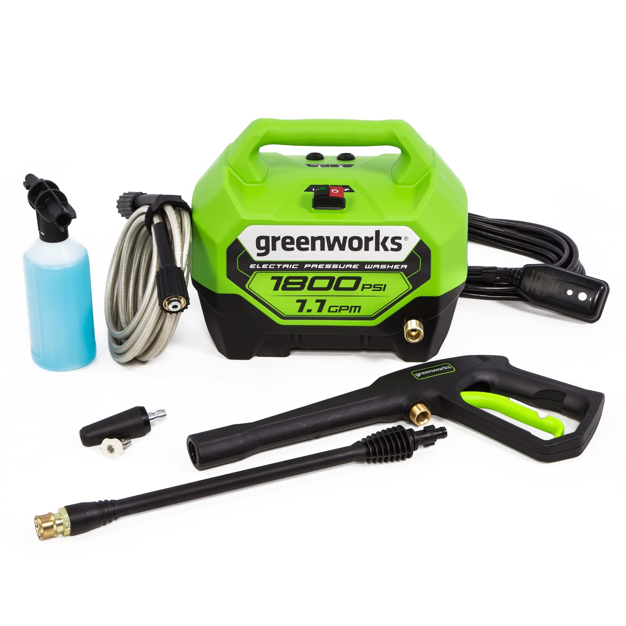 Greenworks 1800 PSI electric pressure washer front view for easy home cleaning.