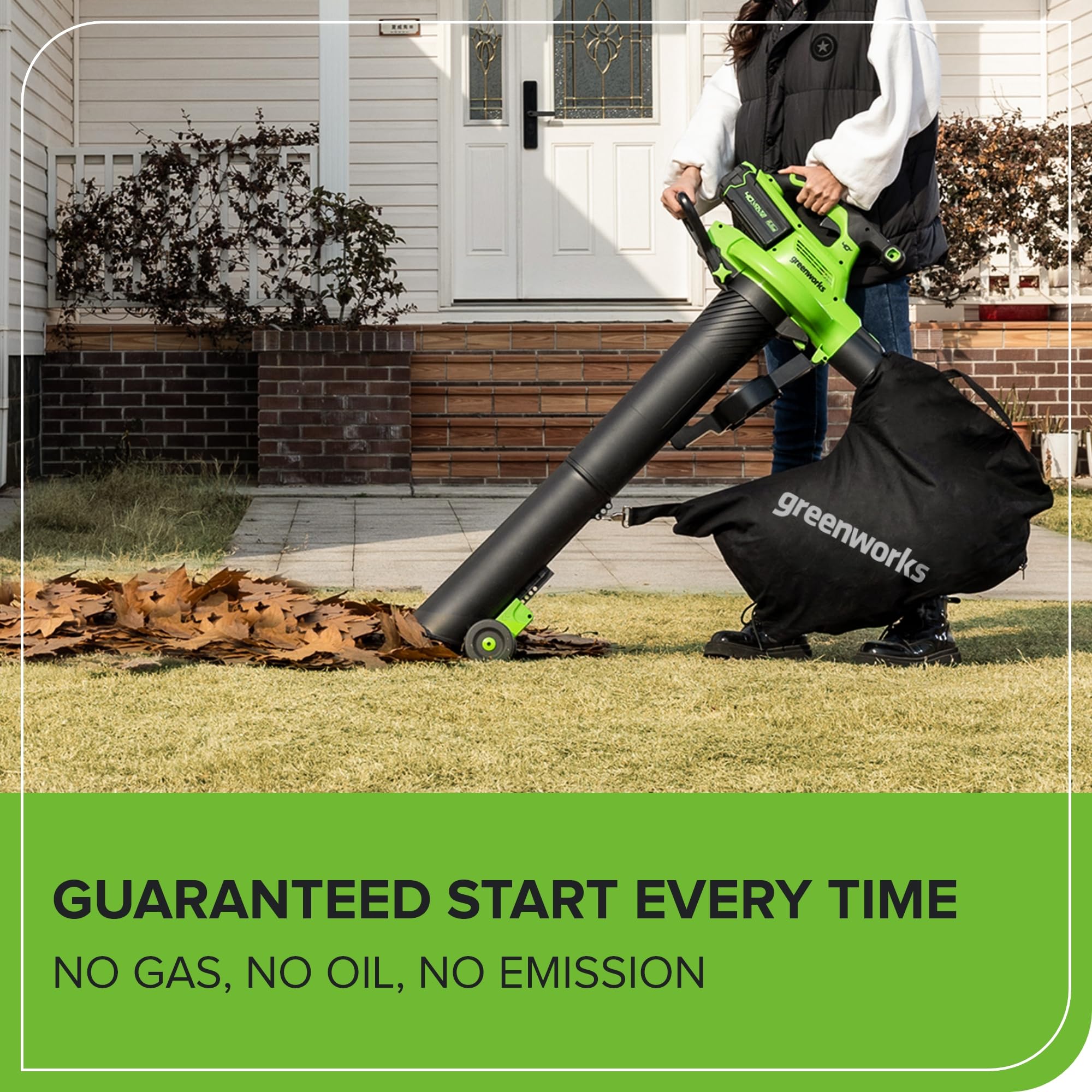 Greenworks 185 mph wind speed dial enables precise power control.