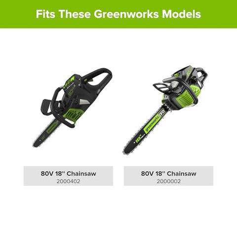 Greenworks 18-inch chain display shows 38 LP pitch detail.