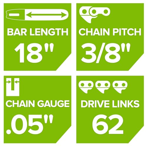 Greenworks 18-inch chain close-up highlighting low-kickback design for safer cuts.