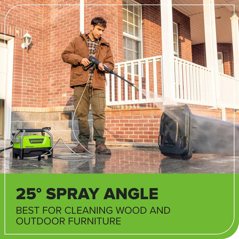 Greenworks 25-degree nozzle for vertical surfaces and siding cleaning.