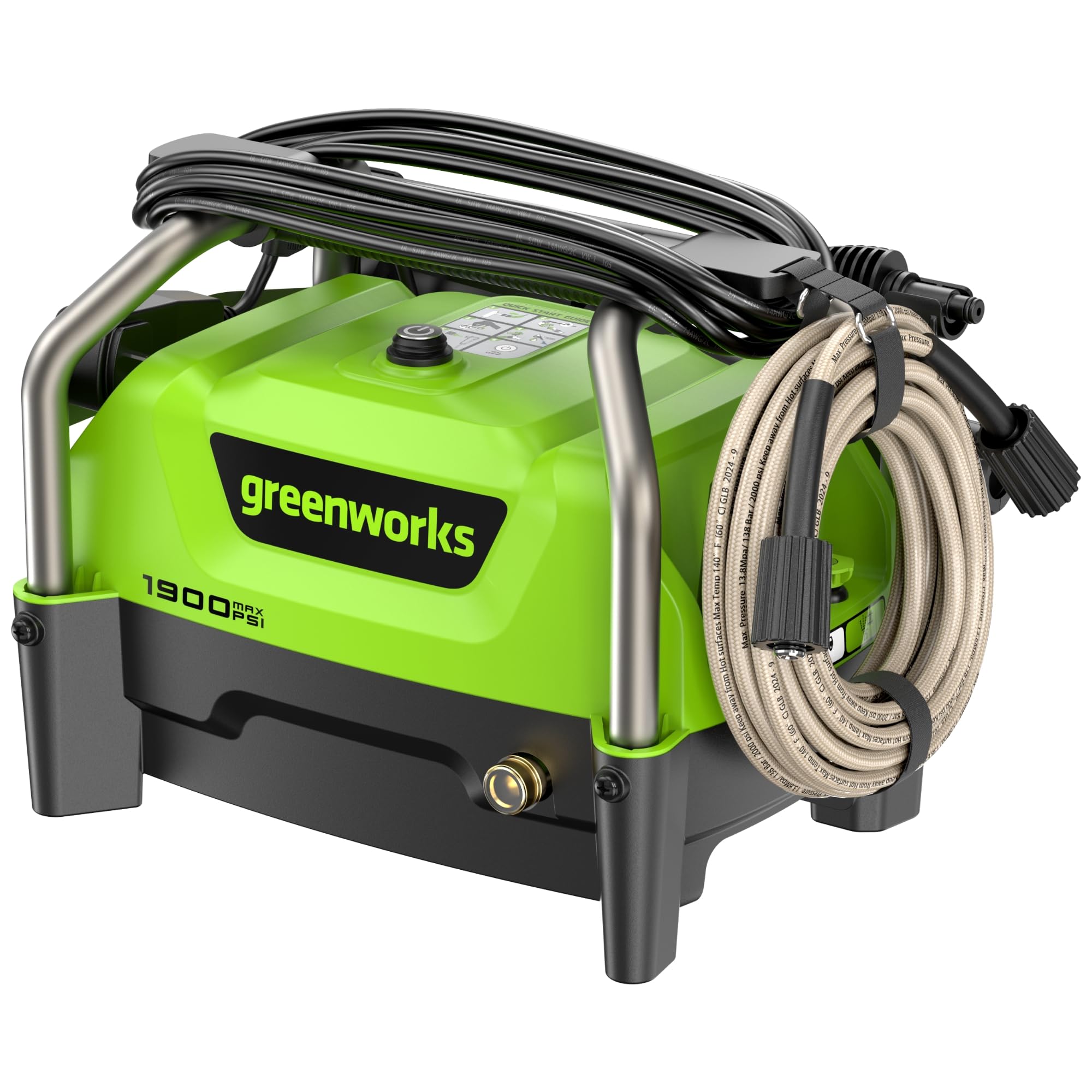 Greenworks 1900 PSI pressure washer front view showing compact portability.