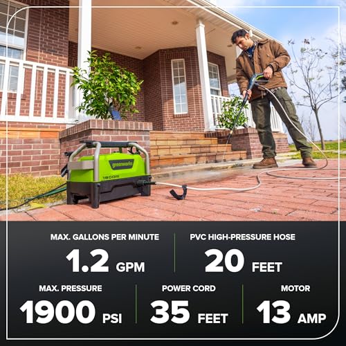 Greenworks pressure washer wheels for easy transport between tasks.