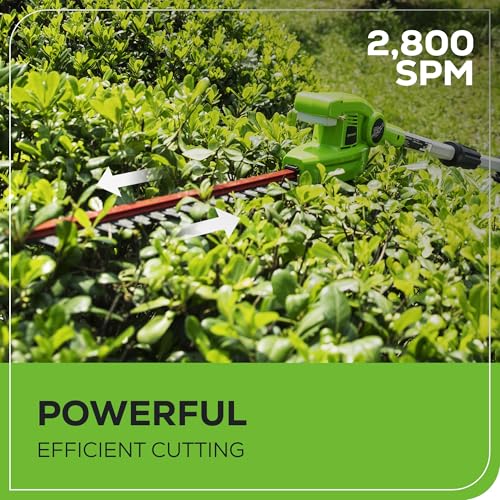 Greenworks 20-inch steel blade close-up highlights precise cuts.
