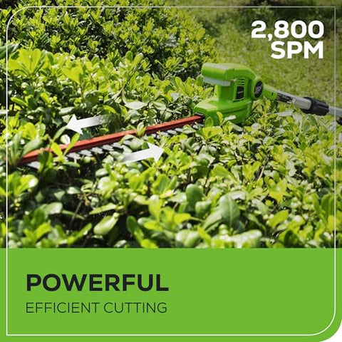 Greenworks 20-inch steel blade close-up highlights precise cuts.