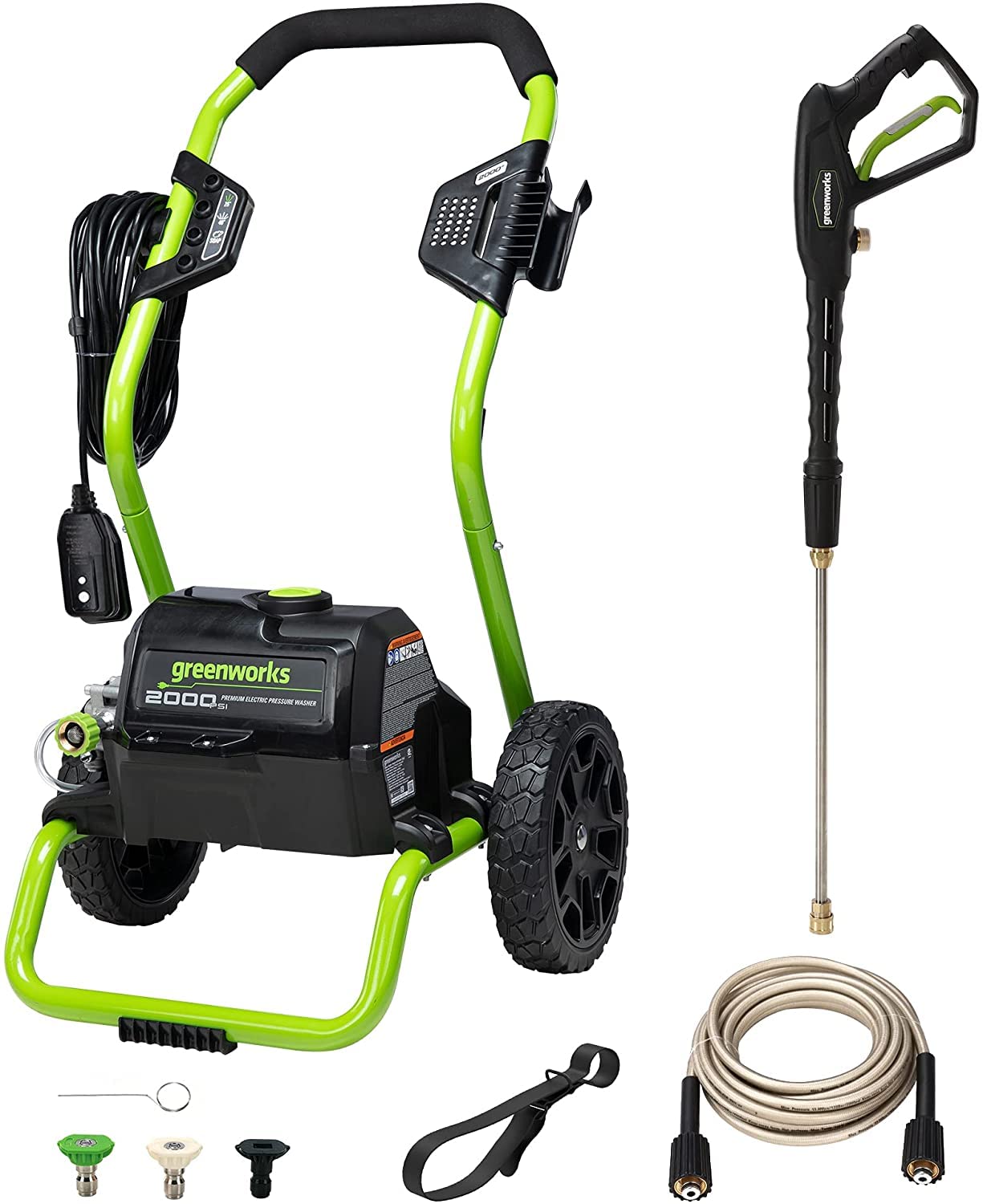 Greenworks 2000 PSI electric pressure washer with wheels for easy transport.