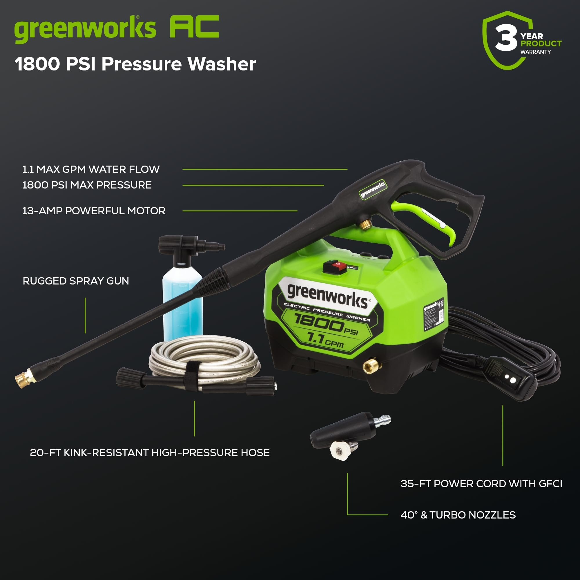 Greenworks 20 ft non-marring hose enables greater reach without surface damage.