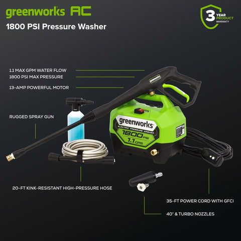 Greenworks 20 ft non-marring hose enables greater reach without surface damage.
