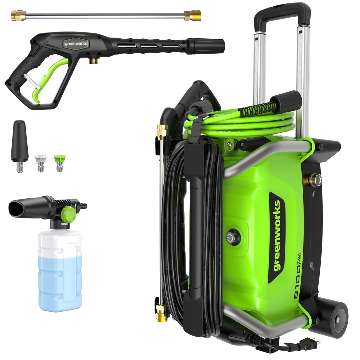 Greenworks 2100 PSI pressure washer front view with compact body and sturdy handle.
