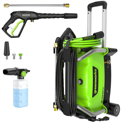 Greenworks 2100 PSI pressure washer front view with compact body and sturdy handle.