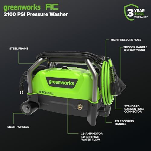 Greenworks 2100 PSI pressure washer rear view showing wheels for easy transport.