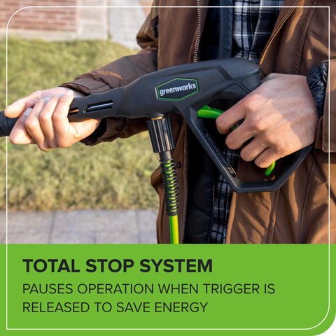 Greenworks wand storage highlighting integrated space for nozzles.