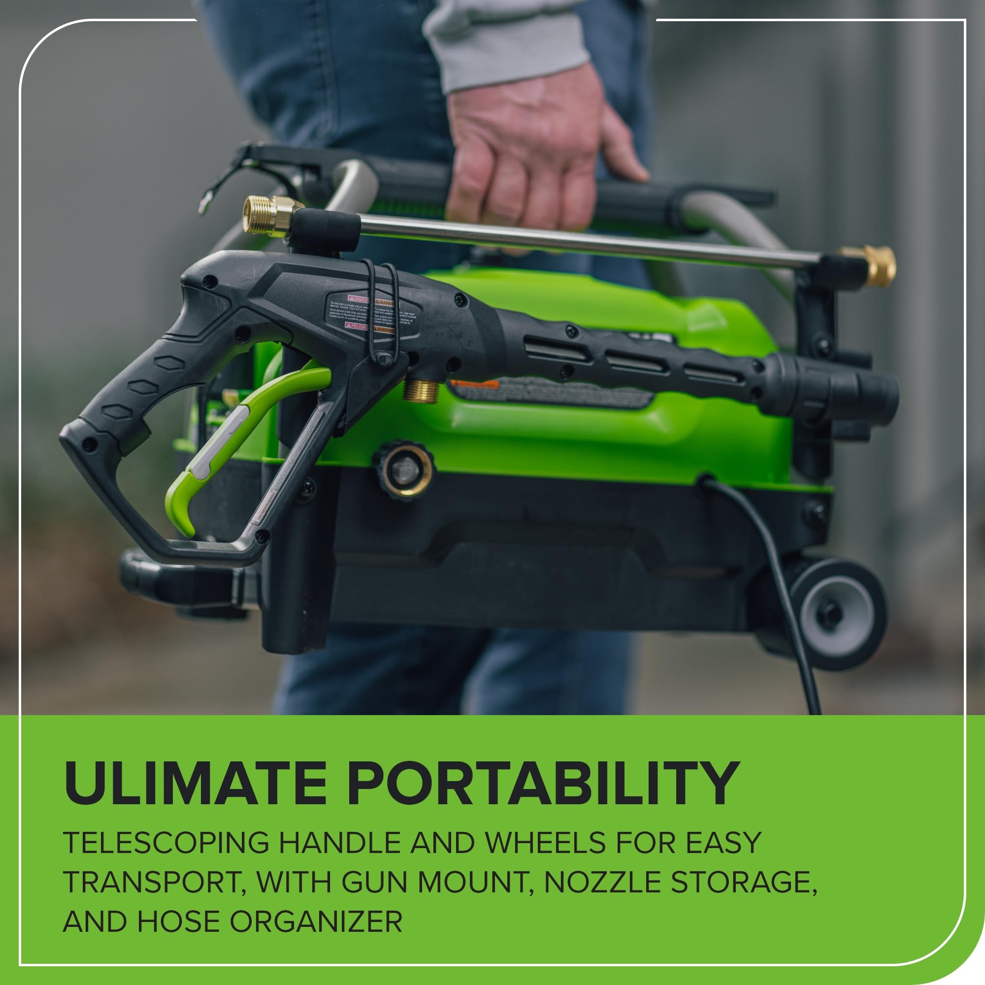 Greenworks wheels enabling smooth movement across surfaces.