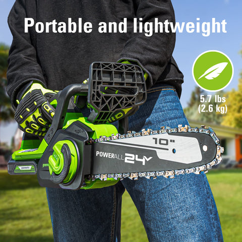 Automatic oiling system on the Greenworks 24V chainsaw ensures smooth operation.