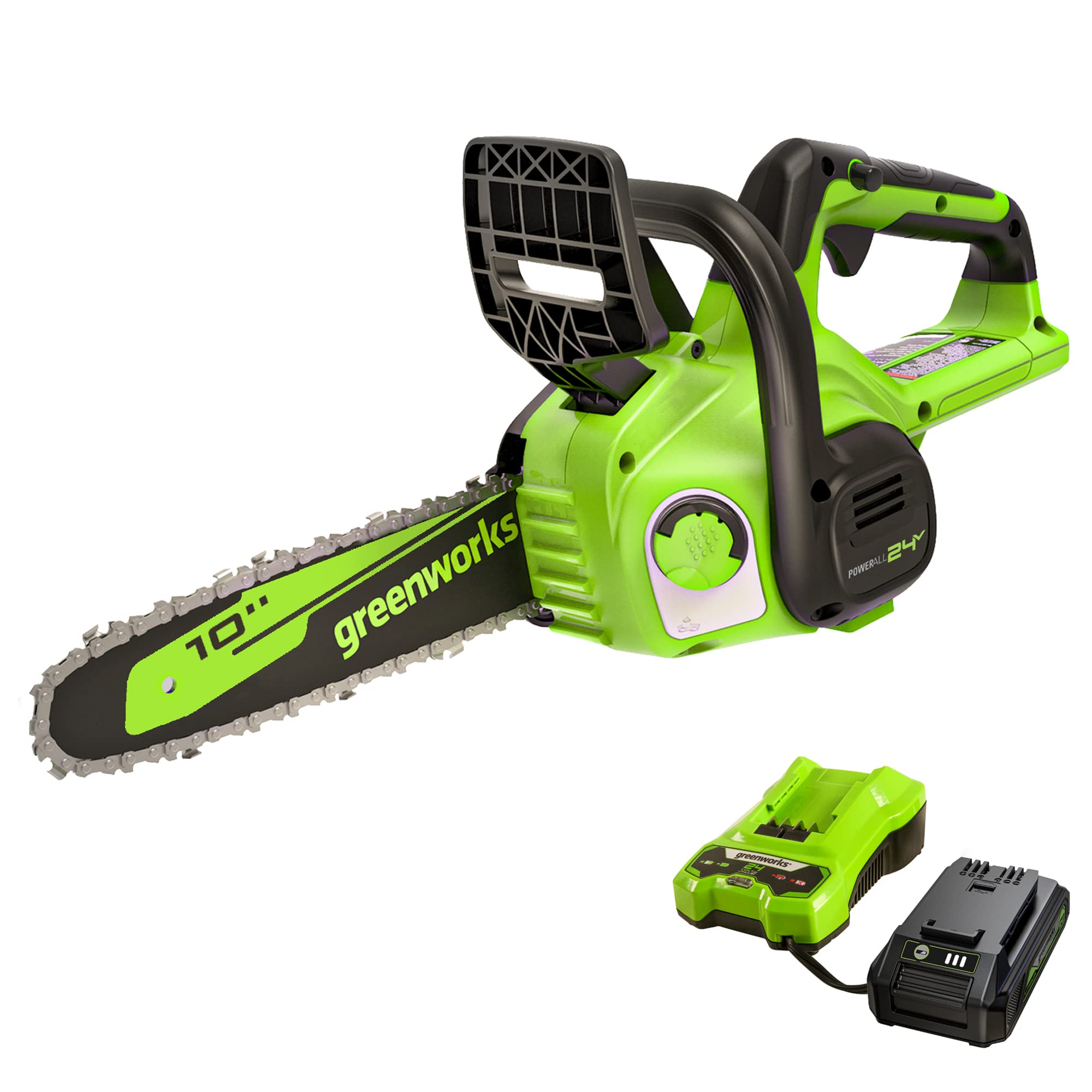 Greenworks 24V 10-inch chainsaw front view for compact handling and control.