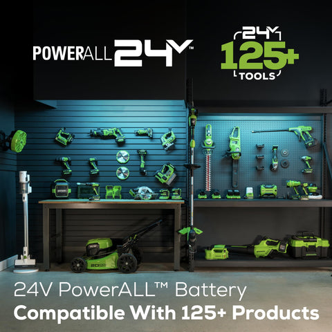 Included battery and charger for the Greenworks 24V 10-inch chainsaw.