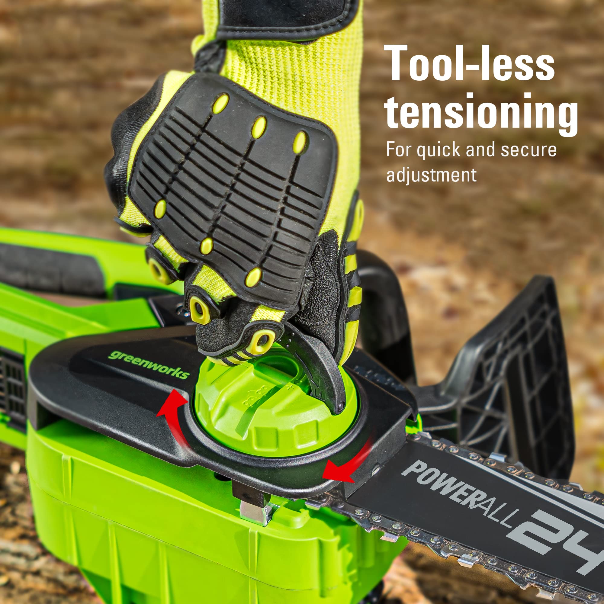 Safety hand guard on the Greenworks 24V 10-inch chainsaw in action.