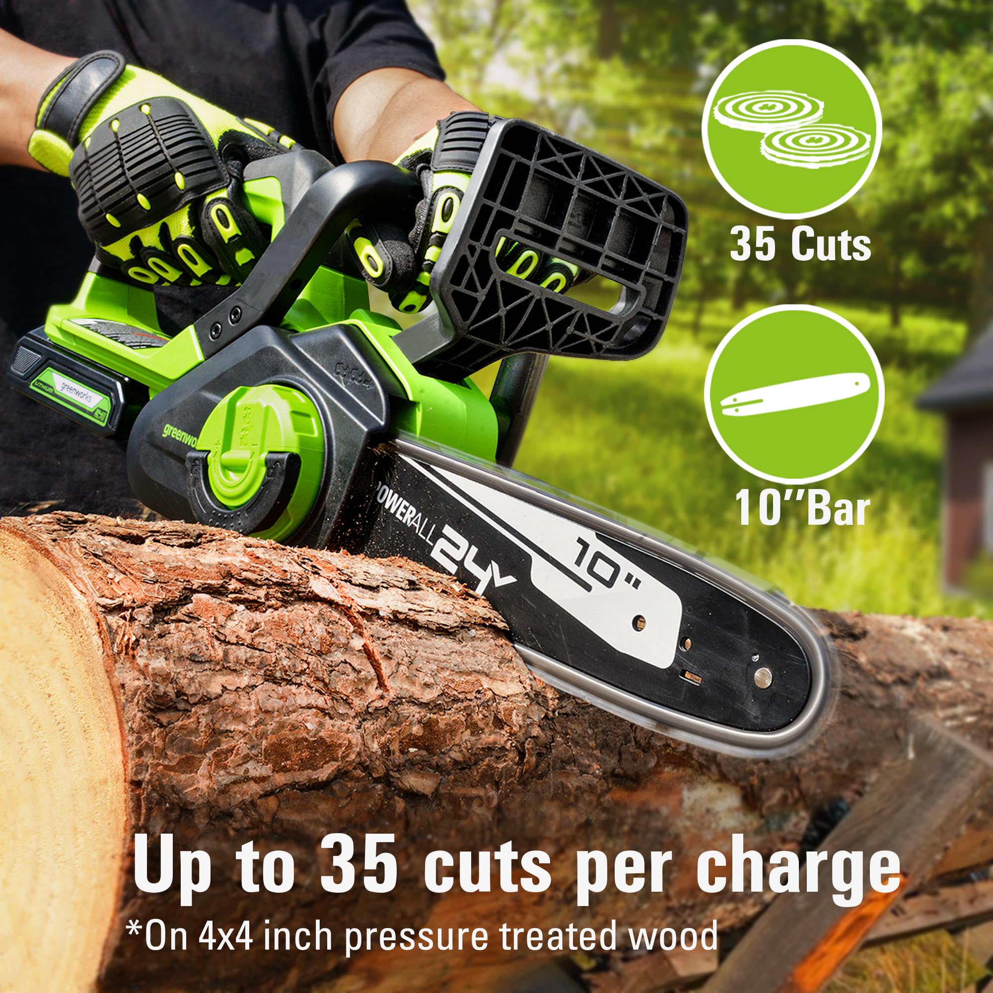 Greenworks 24V 10-inch chainsaw side view highlighting its lightweight, maneuverable design.