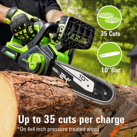 Greenworks 24V 10-inch chainsaw side view highlighting its lightweight, maneuverable design.