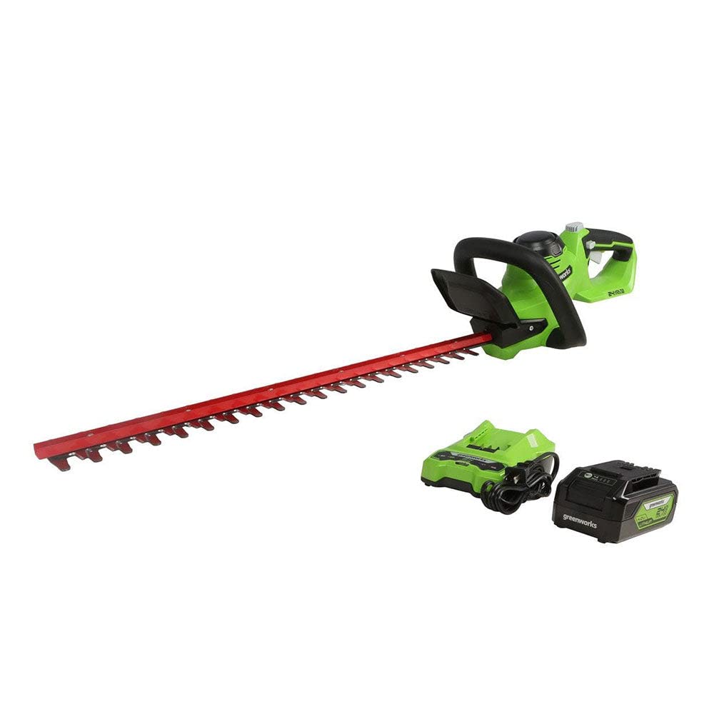 Greenworks 24V hedge trimmer laser-cut blades delivering precise cuts