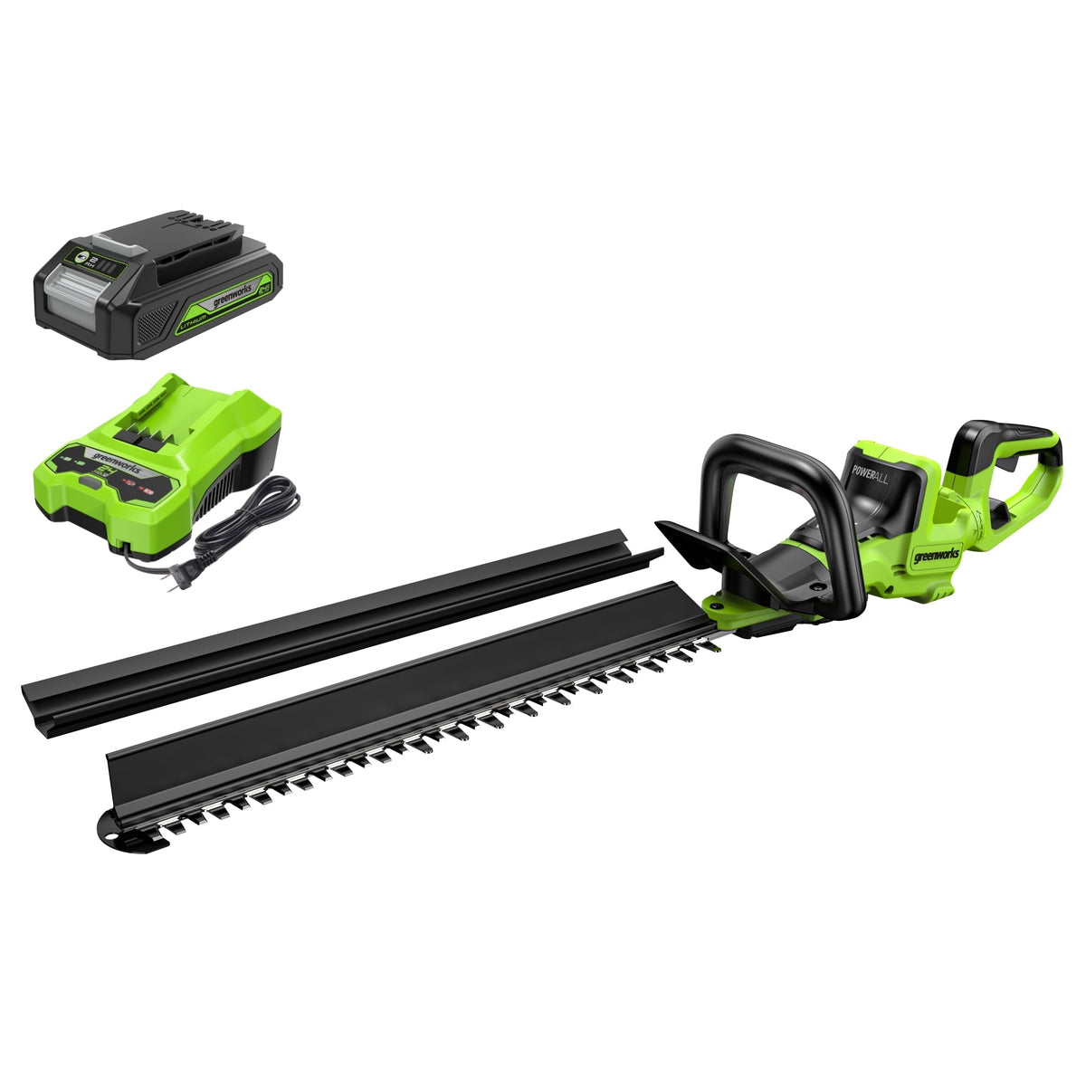 Greenworks 24V hedge trimmer in action for cordless trimming