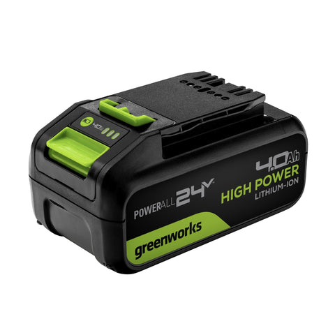 Greenworks 24V 4.0Ah battery front view shows sturdy build for reliable yard power.