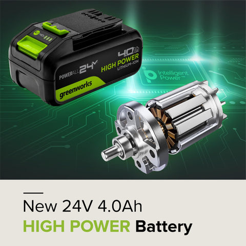 Greenworks 24V 4.0Ah battery with LED indicator shows charge status clearly.