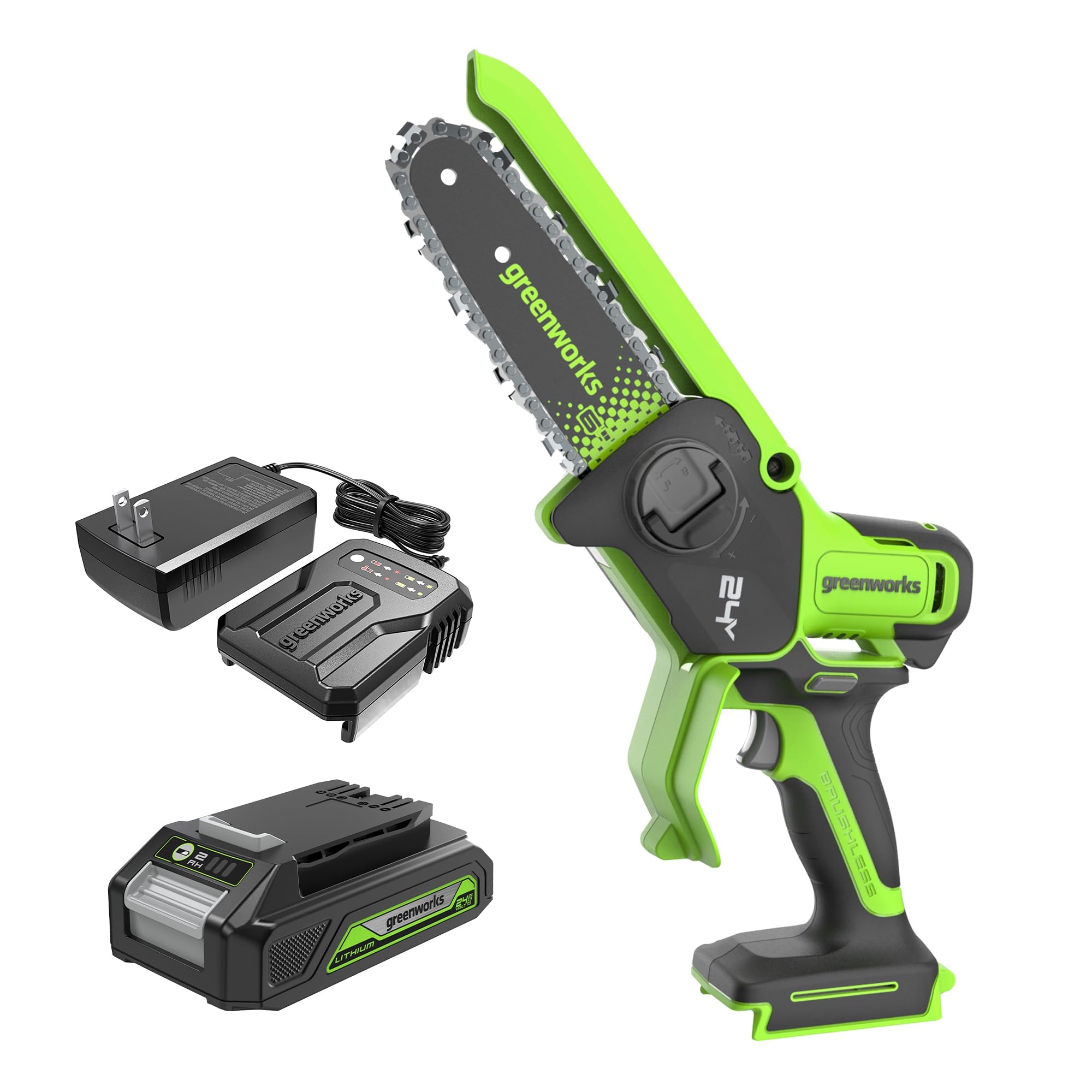 Greenworks 24V pruning saw with auto oiler for clean, efficient cuts.
