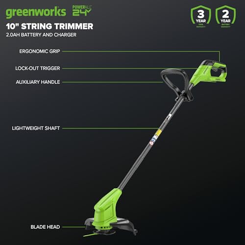 Greenworks 24V battery and charger included for quick setup.