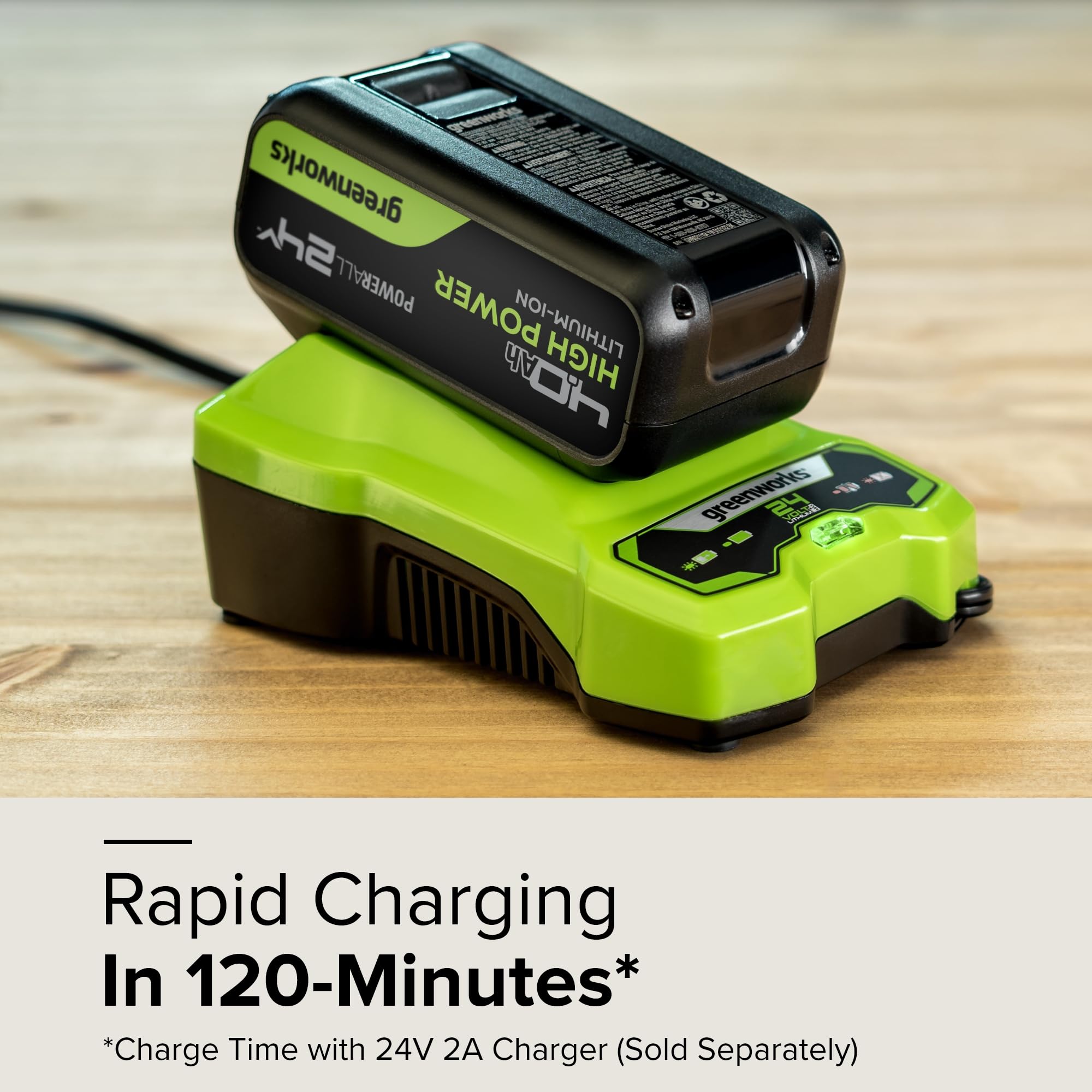 Greenworks 24V battery compatible with 150+ tools for flexible cordless work.