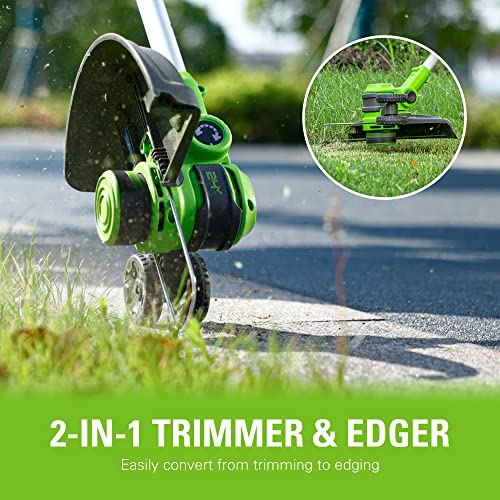 Greenworks charger keeps batteries ready for quick task start.