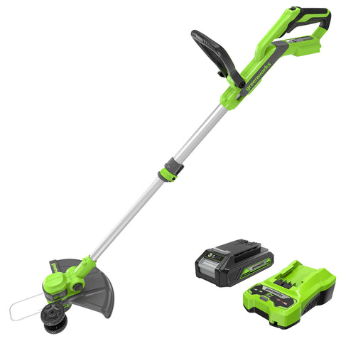 Greenworks 24V Gen 2 trimmer with 12 inch cutting width for versatile edging and trimming.