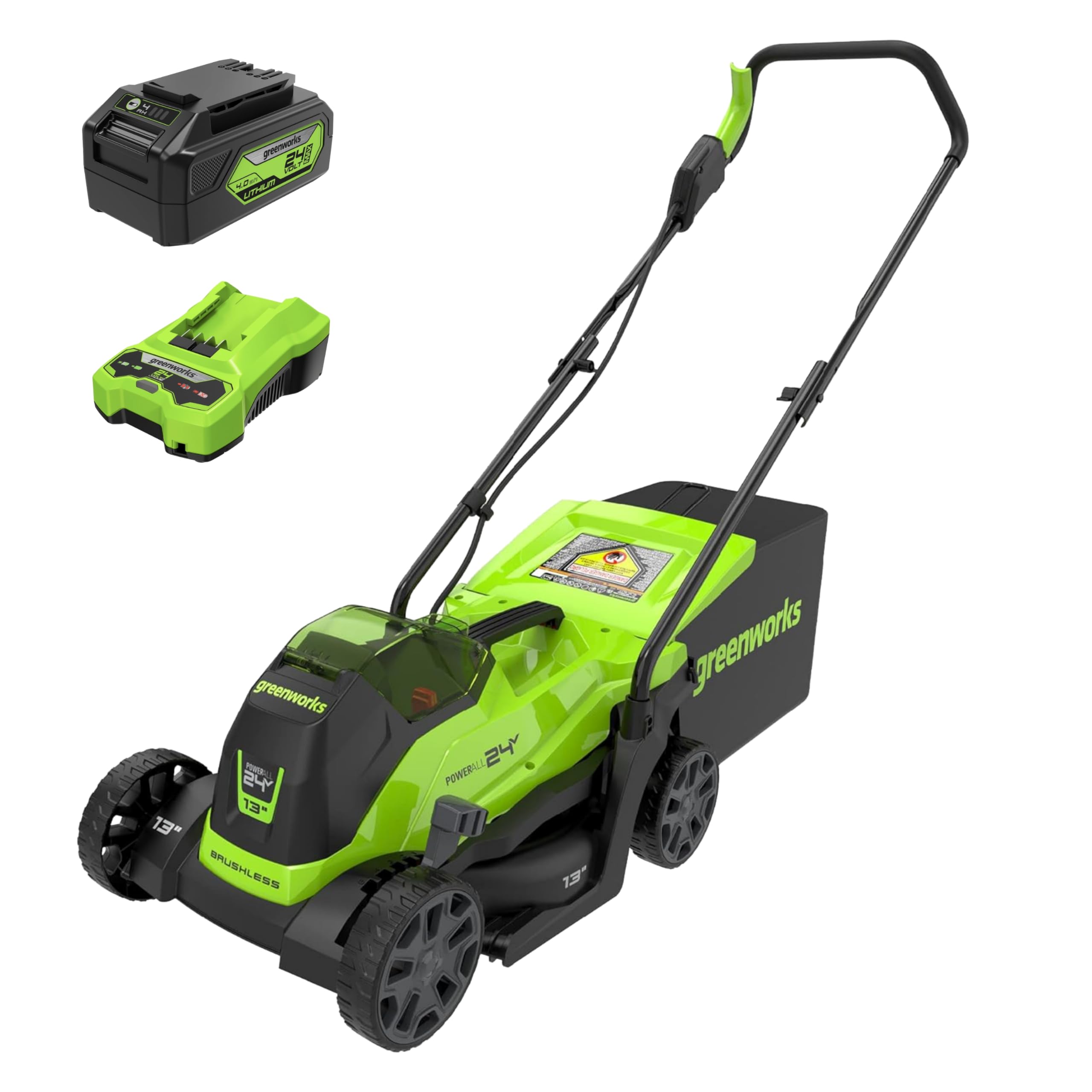 Greenworks 24V mower with battery charger enables quick setup and recharge.
