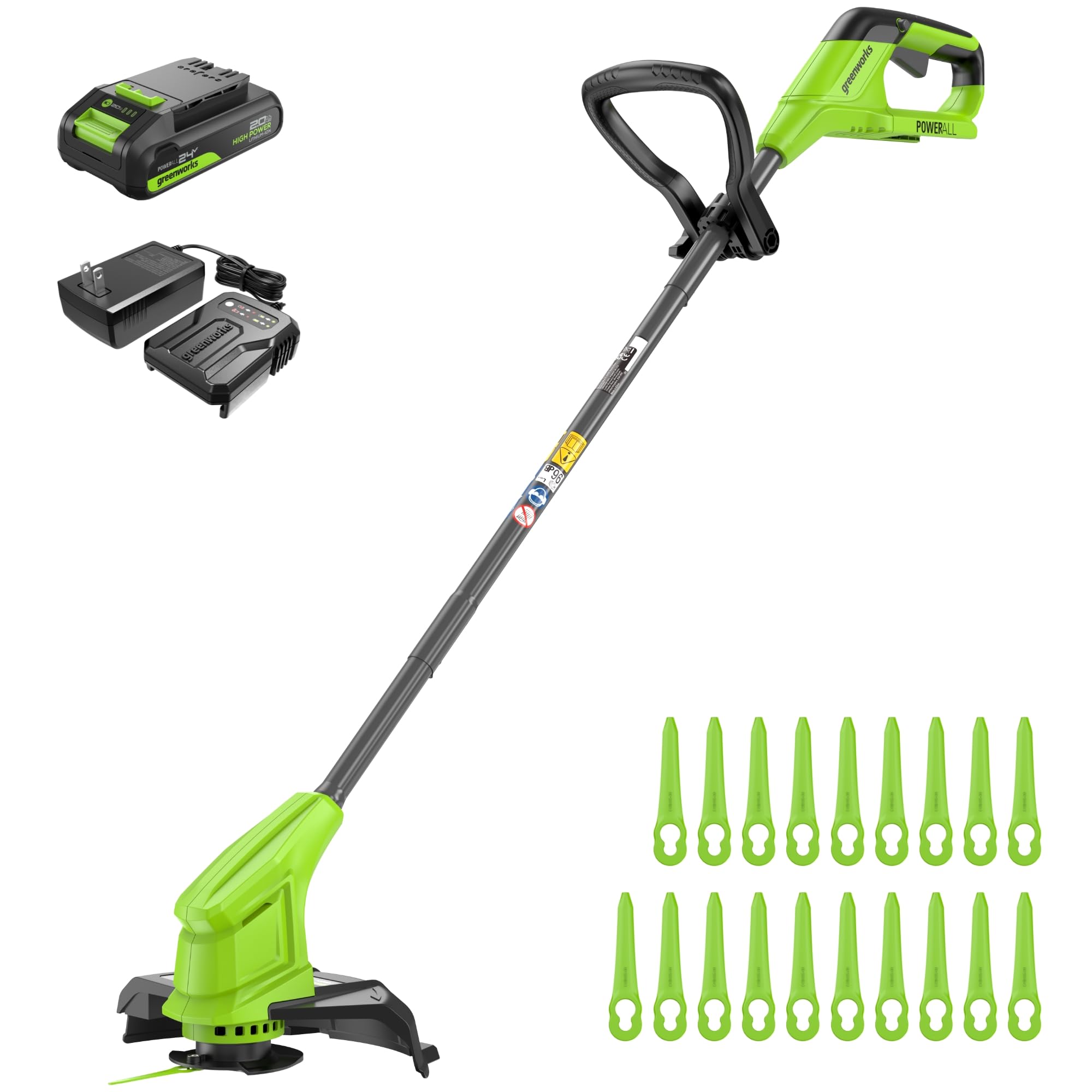 Greenworks 24V trimmer with 10-inch cutting action for precise edging.
