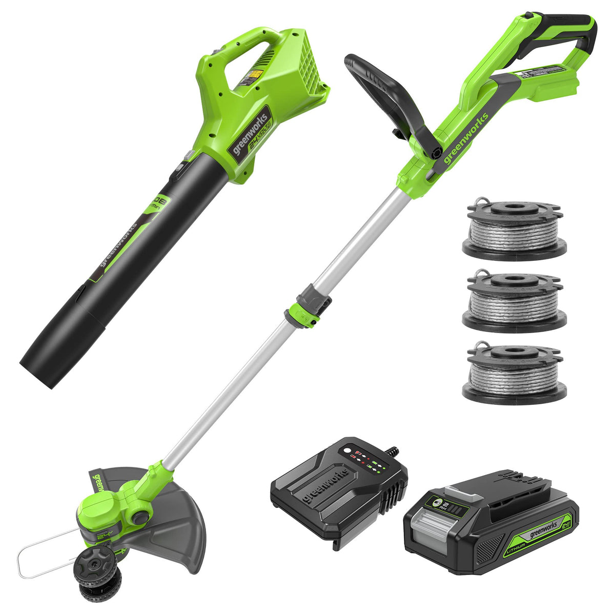 Greenworks 24V trimmer-edger in action for clean lawn edges.