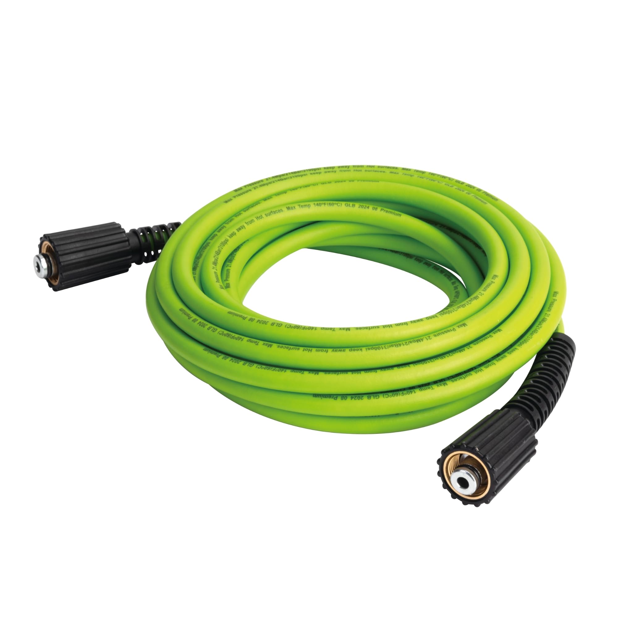 Greenworks 25ft Green High-Pressure Hose uncoiled for efficient watering and rinsing.