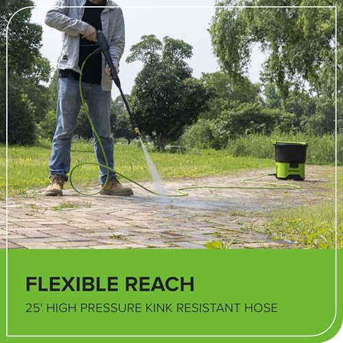 Greenworks 25ft Green High-Pressure Hose extended across the garden for targeted rinsing.