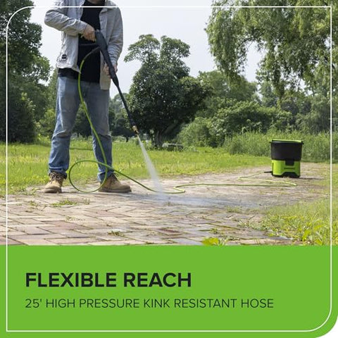 Greenworks 25ft Green High-Pressure Hose extended across the garden for targeted rinsing.