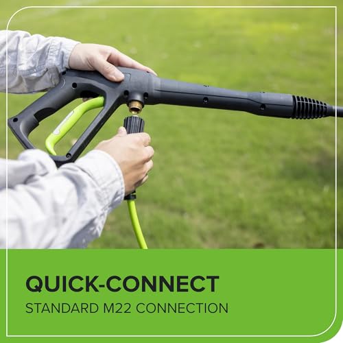 Greenworks 25ft Green High-Pressure Hose laid along the patio for quick cleaning tasks.
