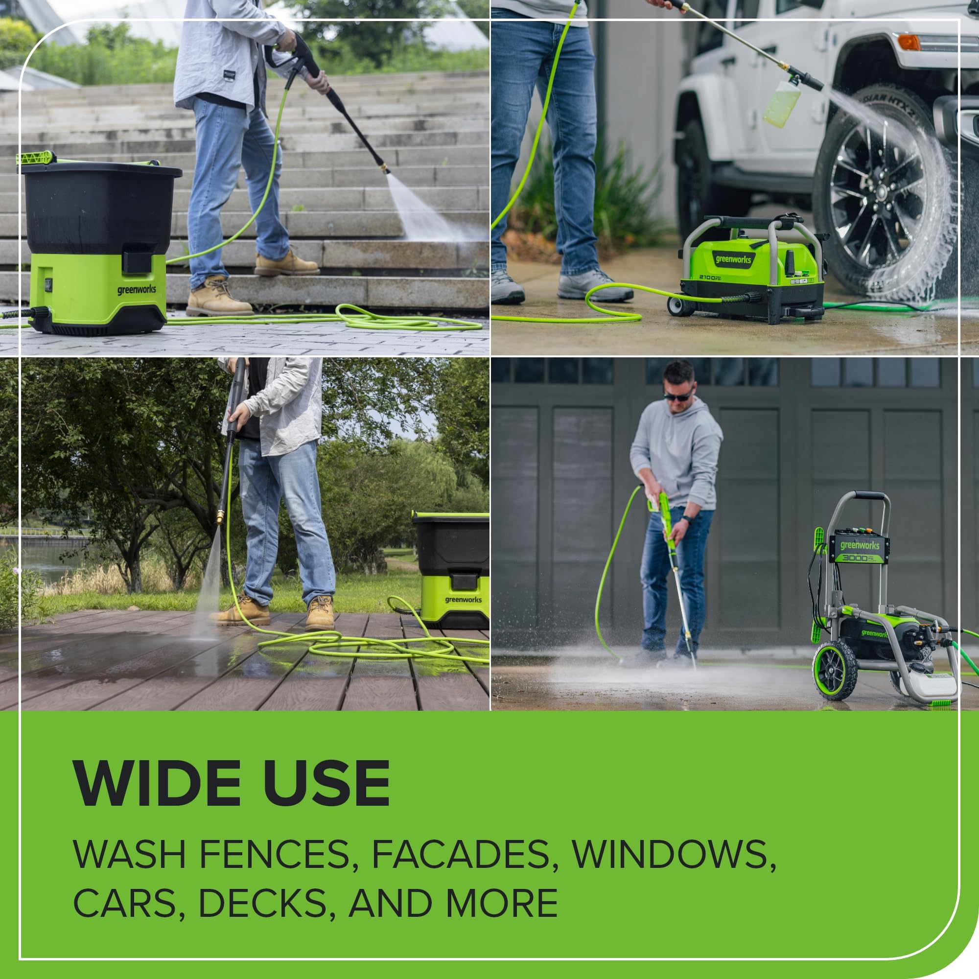 Greenworks 25ft Green High-Pressure Hose connected to a nozzle for precise watering.