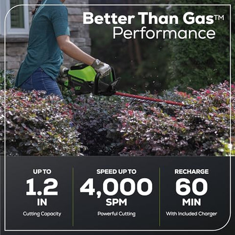 Greenworks 2A charger for hedge trimmer ensures quick, reliable top-ups.