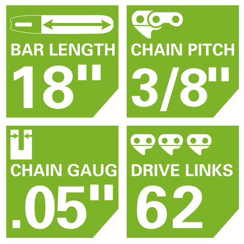Greenworks 3/8-inch LP pitch chain delivers precise, fast cuts.